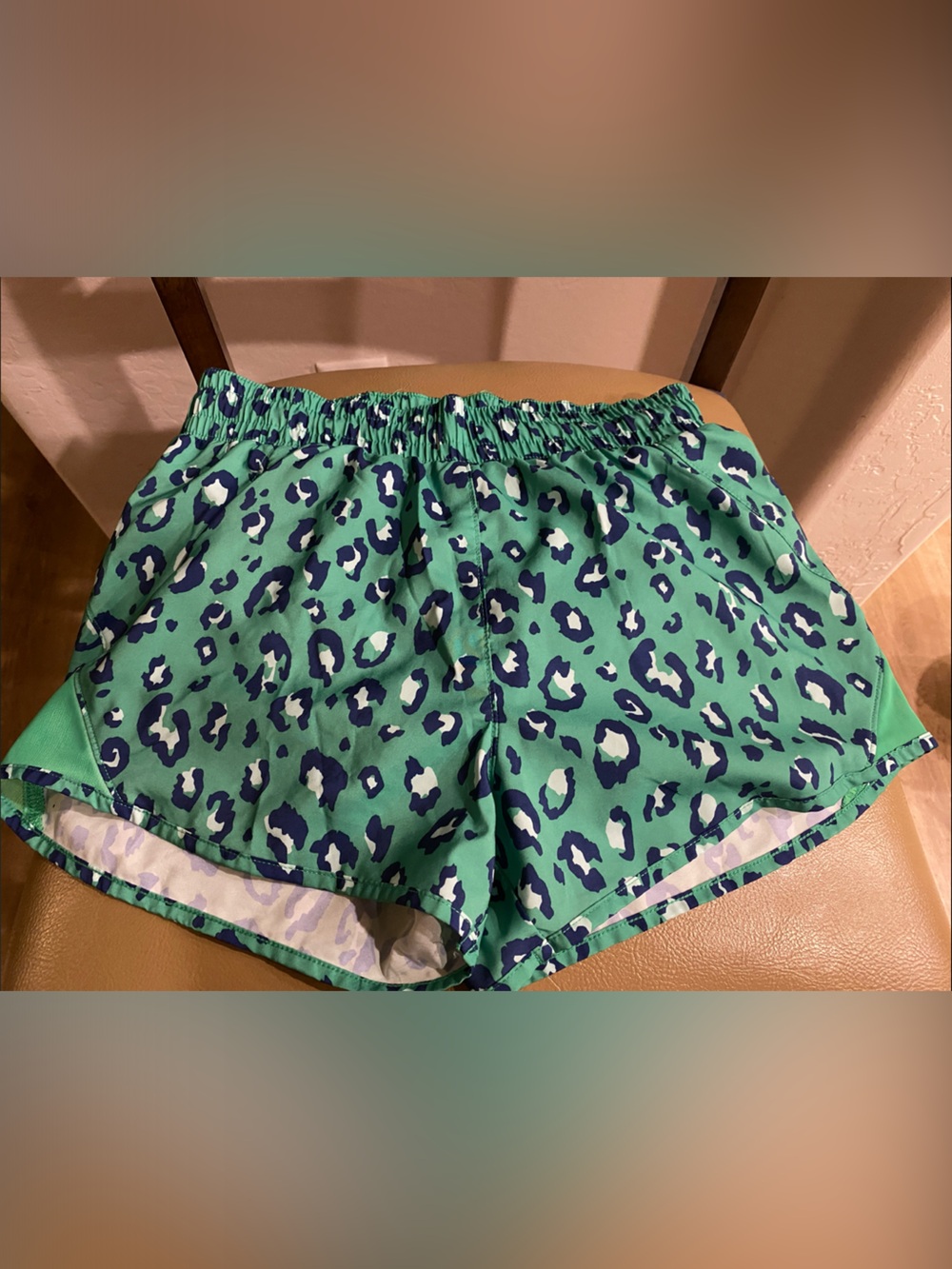 all in motion Green Leopard-Print Athletic Shorts with Navy Accents